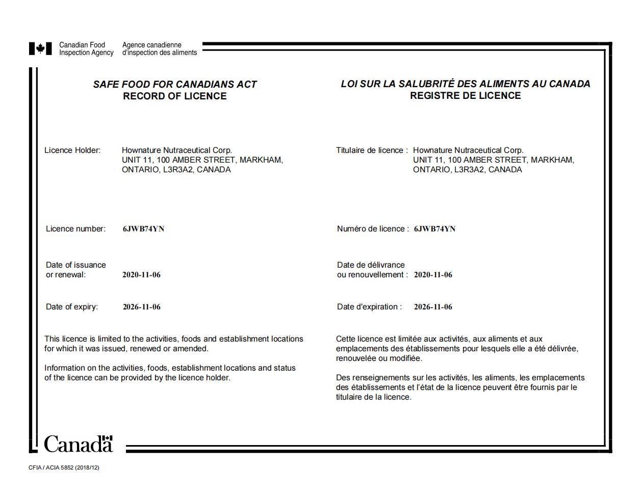 SAFE FOOD FOR CANADIANS ACT RECORD OF LICENCE BY 2026 (2026-11-06) 食品法安全许可证_00.jpg